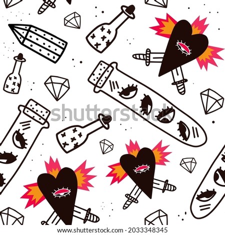 psychedelic halloween tree seamless pattern.Black-white ornament in the style of punk rock 70s,80s - heart, daggers, potion, crystals.Modern magic and witches - print on fabric.Doodle hand drawn style
