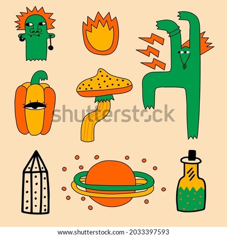 
collection of vector psychedelic stickers for Halloween - zombie, witch, pumpkin, mushroom, space, potion, crystal.Modern magic and mysticism.Punk rock tattoo in the style of the 70s.Hand drawn style