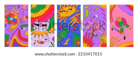 1970 psychedelic poster, hippie poster. Cool placard with rainbows, stars, quirky characters, dudes.Funky 70s good vibes,trippy art.Modern naive concept.00s template aesthetics.2000s trippy art