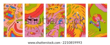 1970 psychedelic poster, hippie poster. Cool placard with rainbows, stars, quirky characters, dudes.Funky 70s good vibes,trippy art.Modern naive concept.00s template aesthetics.2000s trippy art