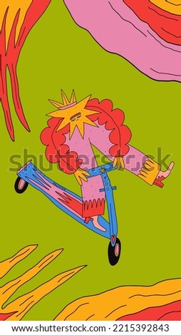 1970 psychedelic poster,hippie poster.Cool poster with abstract character teenager on scooter.Funky 70s good vibes,trippy art.Modern naive concept.00s template aesthetics.2000s trippy art,tattoo art