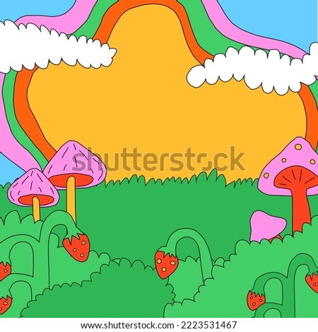 square template for social media. Editable layered photo frame.1970 psychedelic and groovy hippies.Fantasy naive background with rainbow,sky,clouds.90s good vibes.nostalgic publications, 00saesthetics