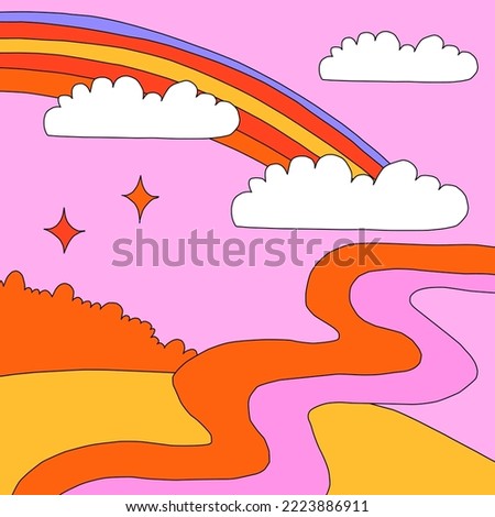 square template for social media. Editable layered photo frame.1970 psychedelic and groovy hippies.Fantasy naive background with rainbow,sky,clouds.90s good vibes.nostalgic publications, 00saesthetics