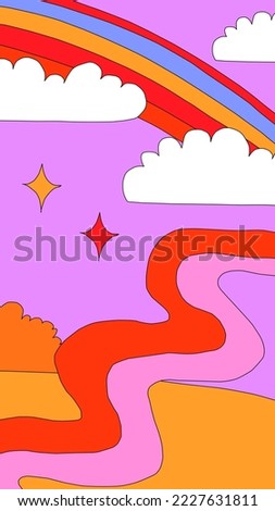 vertical template for social media. Editable layered photo stories.1970 psychedelic and groovy hippies.Fantasy naive background with rainbow,sky,clouds.90s good vibes.nostalgia story