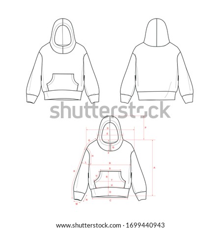Boy's hoodie with front kangaroo pocket, flat sketch, front and back views, with measurement 