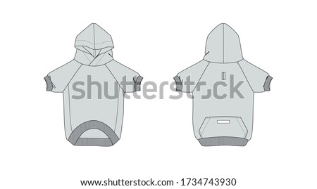 Dog hoodie design with raglan sleeves, pocket and leash hole at back, with rib sleeve cuff / bottom, flat sketch, front an back views