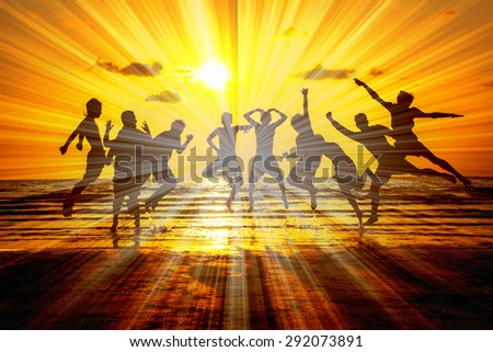 group of man in jump action on sea background