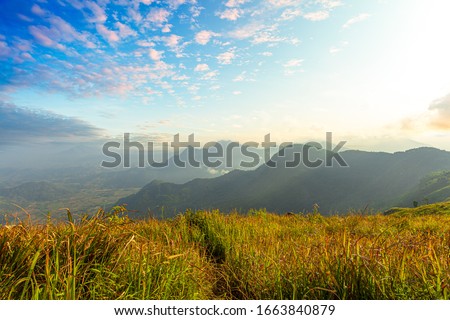 Scenic View Of Foggy Morning Sky With Rising Sun Above Misty Mountain. Fog and cloud mountain valley landscape. Beautiful nature with fog and cloud. Morning fog,Fog, Sunrise - Dawn, Tropical Climate, 