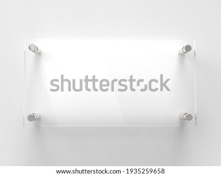 Blank Transparent Glass Interior Office Corporate Signage Plate Mock Up Template, Clear Printing Board For Branding, Logo. Transparent acrilic advertising signboard mock-up front view. 3D rendering