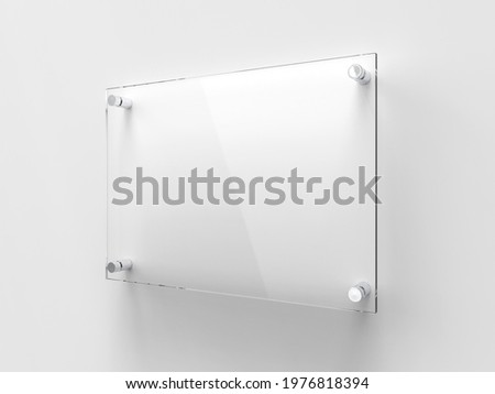 A4 Transparent glass nameplate plate on spacer metal holders. Clear printing board for branding. Acrilic advertising signboard on white background mock-up side view. Size 297 x 210 mm. 3D illustration Stockfoto © 