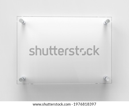 A4 Transparent glass nameplate plate on spacer metal holders. Clear printing board for branding. Acrilic advertising signboard on white background mock-up. Size 297 x 210 mm. 3D illustration