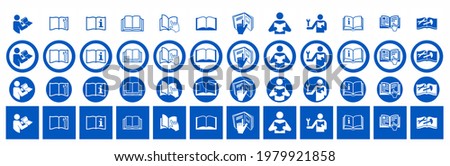 Set of Refer to instruction manual signs. Vector illustration of circular blue signs with hand points to open book. Read instruction booklet before start work. Safety labels.