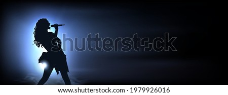 Singer under the glowing blue Bright Lights. Original Vector Illustration. Silhouette of a female singing with blue spotlights in the background. Ideal for Live Music Concept