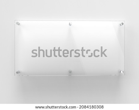 Transparent wide glass nameplate on spacer metal holders. Clear printing board for branding. Acrylic advertising signboard on white background mock-up front view. Size 500 x 250 mm. 3D illustration Stockfoto © 