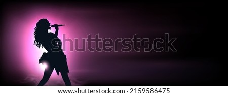 Singer under the glowing multicolor Bright Lights. Original Vector Illustration. Silhouette of a female singing with pink spotlights in the background. Ideal for Live Music Concept