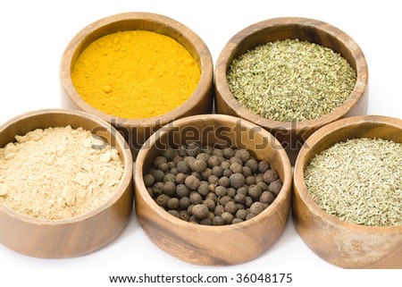 five bowl of spices isolated on white