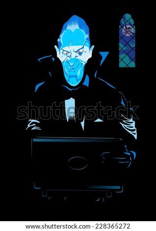 An illustration of Count Dracula holding a laptop in his dark room. Count Dracula with notebook