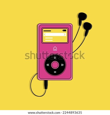 Retro Pink MP3 player and yellow display with Headphones and yellow background. Portable music device with earphones. Flat vector design.