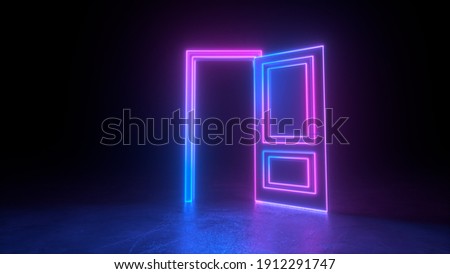 Abstract open door to universe. Cyberpunk neon door background concept. Pink violet neon. Abstract neon shapes hologram led laser door. Glowing neon frame. Modern 3d graphic concept. 3D rendering