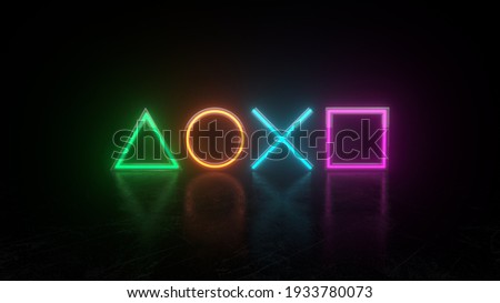 Geometry Neon lights in the room with Modern Blue Ambient lights background. Game symbols playstation icons on a black background. Cross triangle square circle. 3D Render