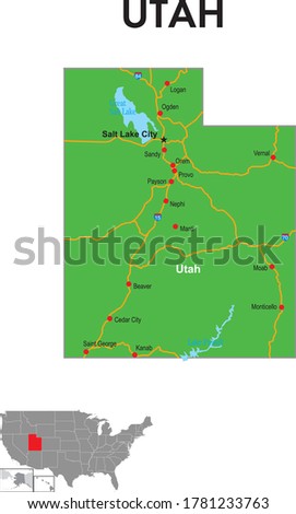 Map of Utah. The map depicts the state capitals, major cities and highways.