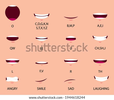 Lips Sync Set. Human lips Collection for lips Animation and synchronization. Sad, Smile, Angry, Laughing Mouth Vector Illustration.