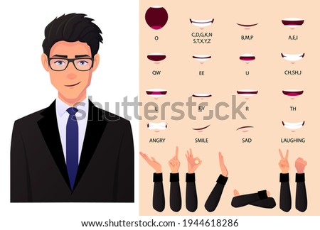 Businessman Mouth Animation Set And Lip Sync Set. Man in Black Suit Coat For Presentations With Hifrent Hand Gestures Flat Vector Illustration.