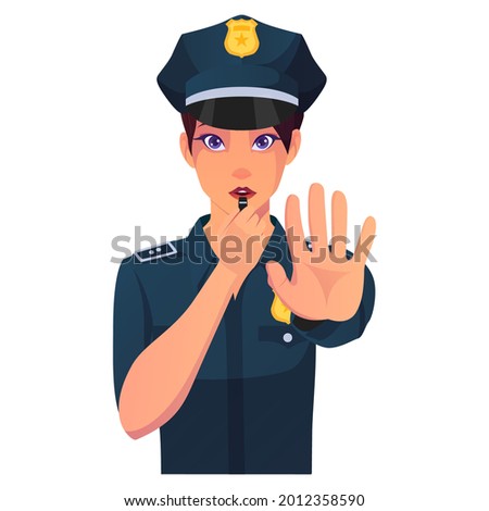 Police Woman Stop Sign With Whistle Illustration.