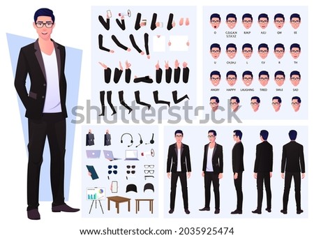 Character Constructor with Business Man Wearing Suit and Glasses, Hand Gestures, Emotions and Lip Sync