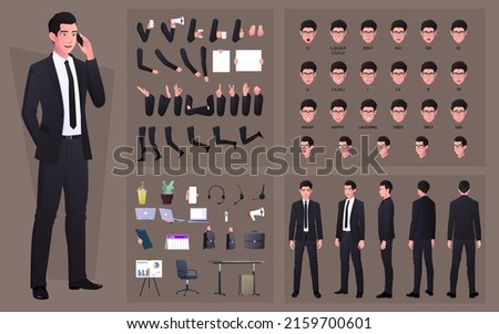 Character Constructor with Business Man Wearing Black Suit. Hand Gestures, Emotions, Lip Sync and Some Office Items