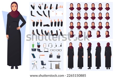 Muslim Arabic Woman Character Creation Pack with Woman wearing Black robe and red Hijab, mouth animation , body parts, Hand Gestures and Office Items