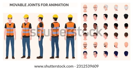 Construction Worker, Engineer Character Creation Pack with Man Wearing Safety Vest, googles and Blue Jeans, Various Ethnicities and Races