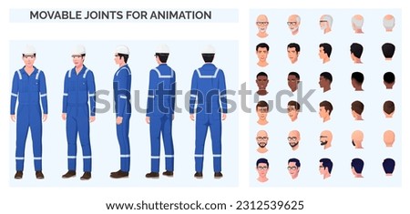 Engineer, repairman Character Creation pack With Man wearing Blue Coverall, and Safety Helmet, googles, Various Ethnicities and Races mechanic, plumber