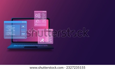 Computer Programing, Coding, Web Development with Isometric Laptop Displaying Futuristic UI