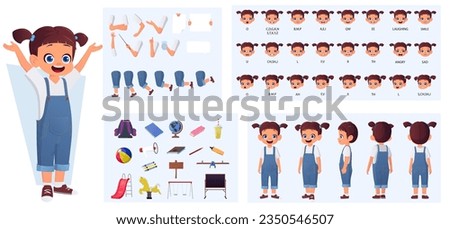 Cartoon Little Girl Character Constructor with Gestures and Emotions. Child Side, Front, Rear View, with Body Parts for Animation and Lip-Sync Vector Illustration.