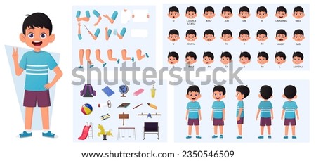 Boy Character Constructor with Gestures and Emotions. Child Side, Front, Rear View, with Body Parts for Animation and Lip-Sync Vector Illustration.