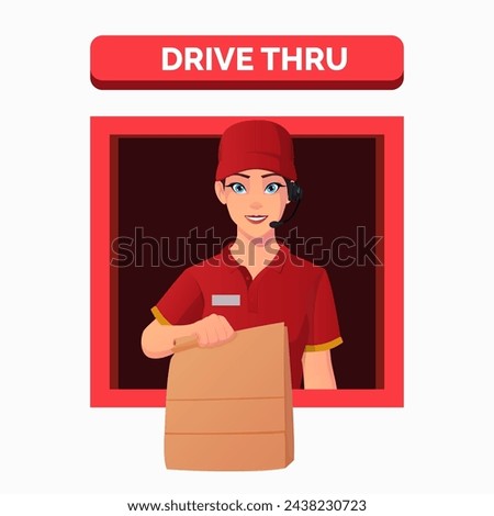 Fast Food Restaurant worker, Woman Serving Order at a Drive Thru window, Cartoon Drive Thru Service Concept, Vector Illustration