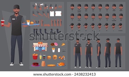 Restaurant Worker Character Creation and Animation Pack, Black Man Wearing Work Uniform with Various Foods, Hand Gestures, Mouth Animation and Lip Sync. Vector Illustrations