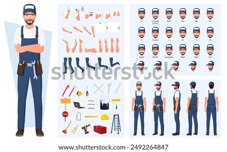 Handyman, repairman Character Construction and Animation Pack, Maintenance Engineer Wearing Bib Overalls with tools, Equipment, Mouth Animation and Lip Sync