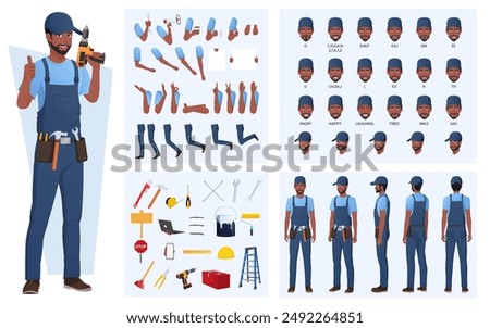 Black Maintenance Engineer Character Creation and Animation Pack, African-American Handyman Wearing Blue Overalls, Mouth Animation and Lip Sync, Front, Side, and Back view with Tools and Equipment's 