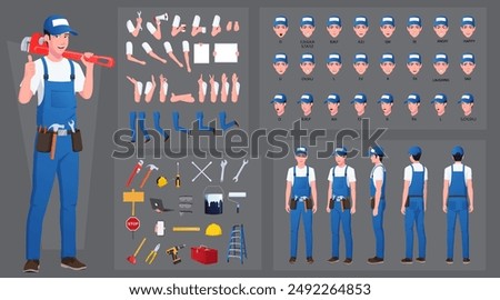 Handyman, repairman Character Construction and Animation Pack, Maintenance Engineer Wearing Blue Overalls, Mouth Animation and Lip Sync, Turnaround with Tools and Work Equipment's