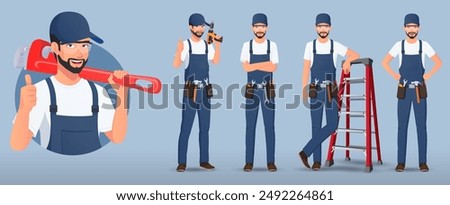 Handyman, Maintenance Engineer Character in Various Poses Vector illustration