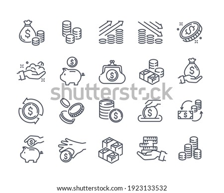 Collection of coins, money, earnings related icons. Coins stack and donations, tips, piggy bank, bundle of banknotes. Set of outline cartoon vector illustrations isolated on white background