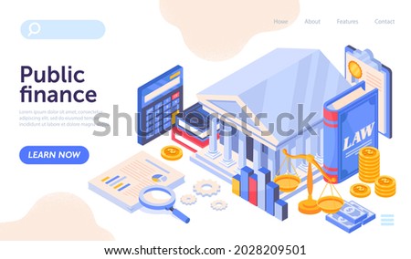 Public finance and audit concept. Banknotes, coins, documents next to tax office or government financical department. Flat cartoon isometric vector illustration. Website, landing page template