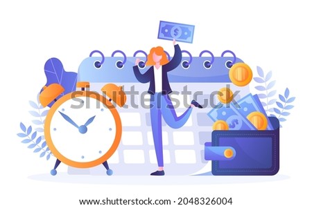 Day of reckoning. Girl contributes funds to pay off debt. Credit organizations, banks, interest. Calendar, alarm clock, businesswoman. Cartoon flat vector illustration isolated on white background