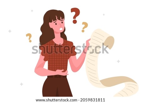 Shocked woman concept. Girl looks at check and surprised. Character worries about money spent, shopping. Financial problem, question. Cartoon flat vector illustration isolated on white background Photo stock © 