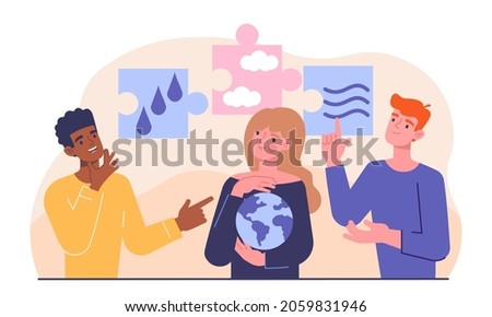 Environmental solutions concept. Friends discuss problems that have arisen. Brainstorm, finding solution. Teamwork, thoughtfulness. Cartoon flat vector illustration isolated on white background