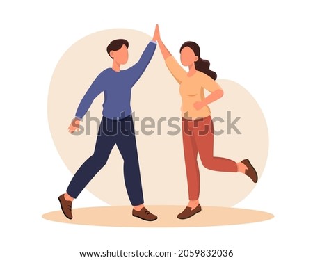 Giving high five. Man and woman greet each other. Congratulations, friends, teamwork. Successful colleagues gesturing hi, partnership. Cartoon flat vector illustration isolated on white background