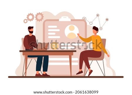 Job interviews. Employee of HR department asks questions to candidate for position. Employee looks at resume and communicates with person. Cartoon flat vector illustration isolated on white background Photo stock © 