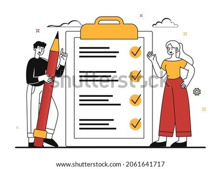 Man and girl checking list. Employees evaluating shopping list. All tasks completed, time management. Planning schedule concept. Cartoon flat vector illustration isolated on white background